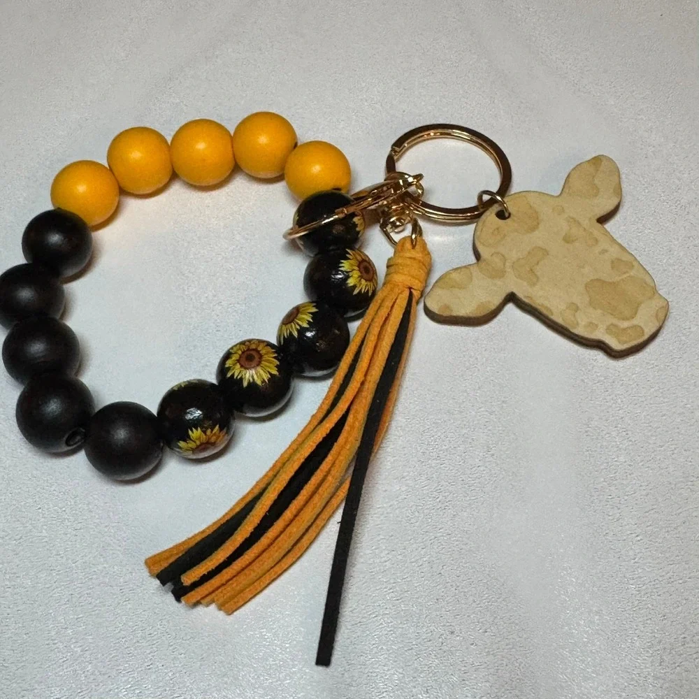 Wooden Beaded Keychain Bracelet with‎ Tassel and Cow Charm